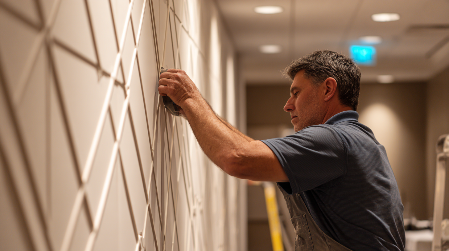 Technician installing acoustic panels on a conference room wall
